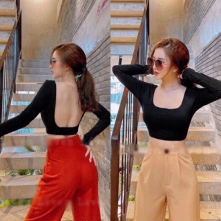 🍒KITTYFashionStyle🍒 ครอปแขนยาวเว้าหลัง คอเหลี่ยม สุดปัง