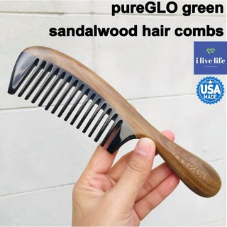 หวีด้ามไม้จันทน์หอม ฟันหวีทำจากเขาควาย Handmade Comb Organic, Green Sandalwood, Handle Buffalo Horn Tooth - PureGLO