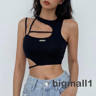 BIGMALL-Women´s Irregular Tank Tops, Stylish Sleeveless Round Neck Hollow Out Tight Crop Tops