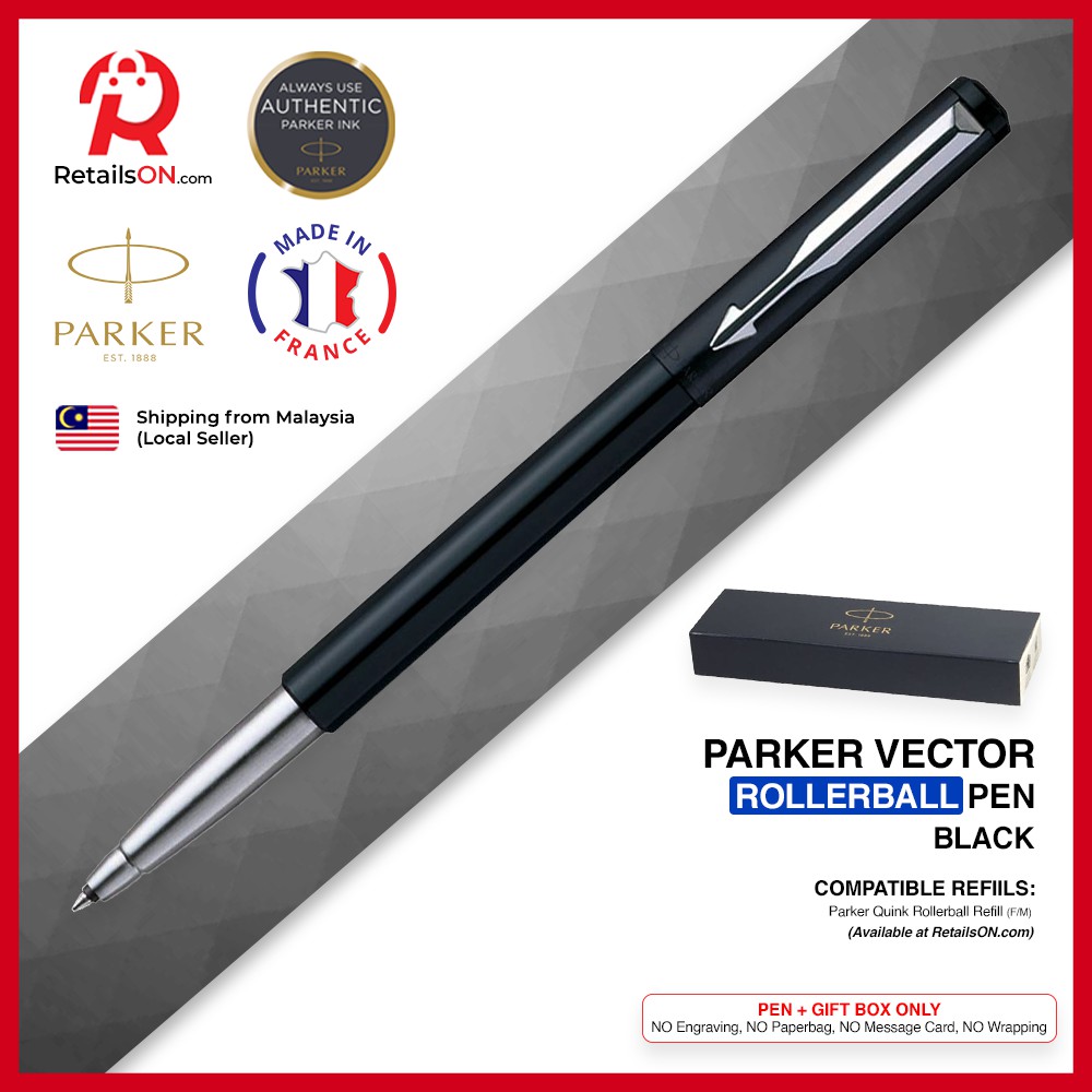Parker Vector ปากกาลูกลื่น - ขอบโครเมี่ยม สีดํา มาตรฐาน (พร้อมไส้ปากกา สีดํา - ขนาดกลาง (M) / / [ขายปลีก]