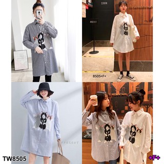 TwinsShopVip💗พร้อมส่ง TW8505 เดรสเชิ้ต พิมพ์แมว Dress shirt with cat print