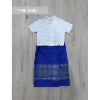 ชุดไทยใส่ไปทำบุญ(เสื้อ+ผ้าถุงสีน้ำเงิน)