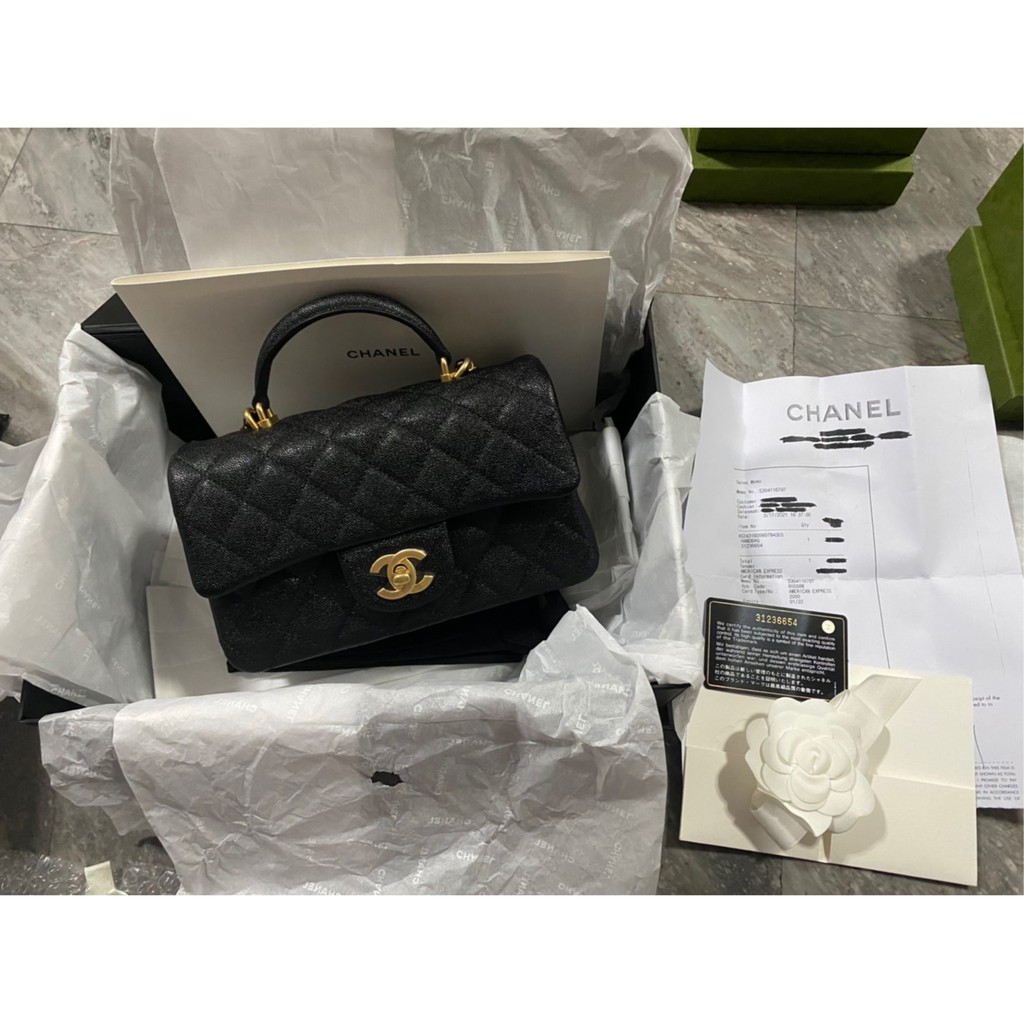 New Chanel mini 8' with top handle black caviar ghw holo 31