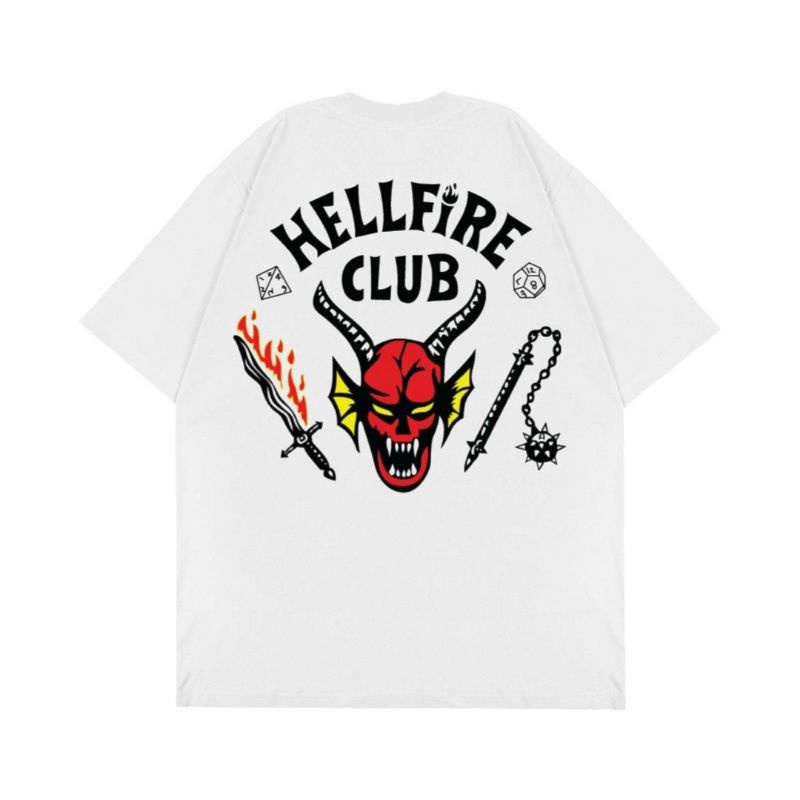 ผ้าฝ้ายแท้เสื้อยืด ลาย Hellfire Club สไตล์วินเทจ | เสื้อยืด พิมพ์ลาย Stranger Things | เสื้อยืดโอเวอร์ไซซ์ | สีขาว | ชุด
