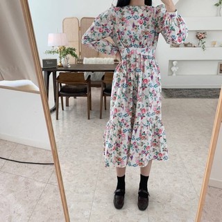 C6376 Vintage flowers dress เดรสยาวลายดอกไม้ ลายน่ารักดูวินเทจมากๆ ทรงยาว ปลายพริ้วนิดหน่อย