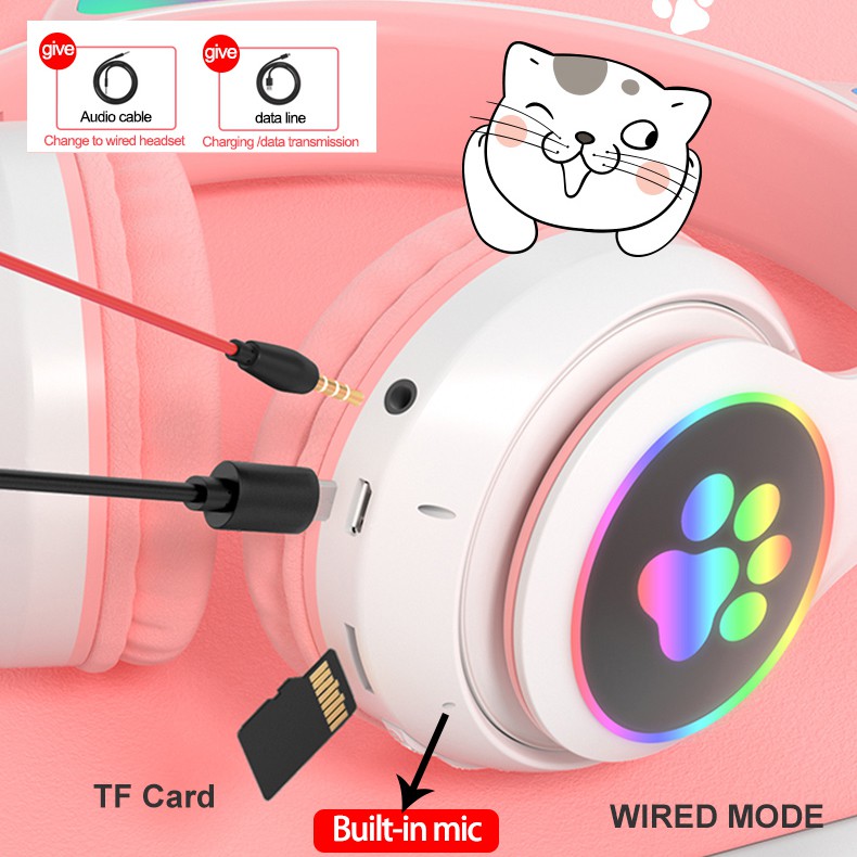 LED Cat Ear Noise Cancelling Headphone Pink Wireless headphones Girl ...