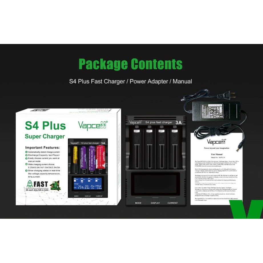 เครื่องชาร์จเปล่า Vapcell S4 Plus รุ่น V3 3A Fast Charger รอบรับถ่านชาร์จ 1.2V-4.2V