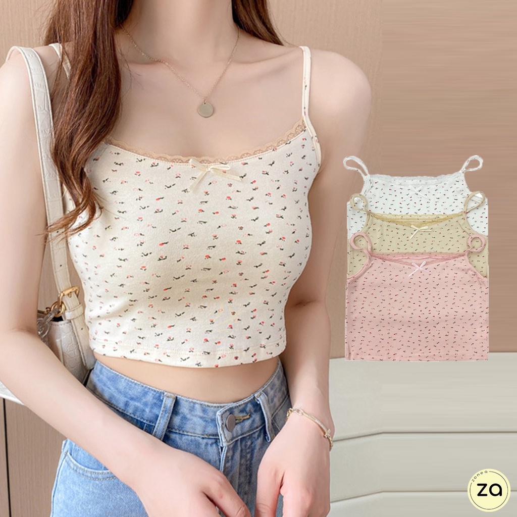 HOT SALE เสื้อครอปลายดอกไม้จิ๋วสายเดี่ยว 3 สี คอแต่งลูกไม้