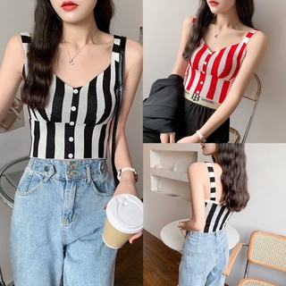 🌞พร้อมส่ง🌞เสื้อสายเดี่ยว ลายทาง สายฝอ เสื้อครอป แฟชั่นสำหรับผู้หญิง เสื้อแฟชั่น สายเดี่ยว 008