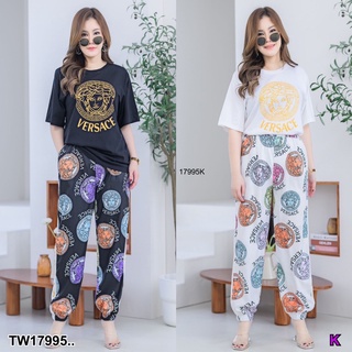 PP17995 Set #สาวอวบ 2 ชิ้น เสื้อยืดคอกลม สกรีนาย + กางเกงขายาวจั้ม ..