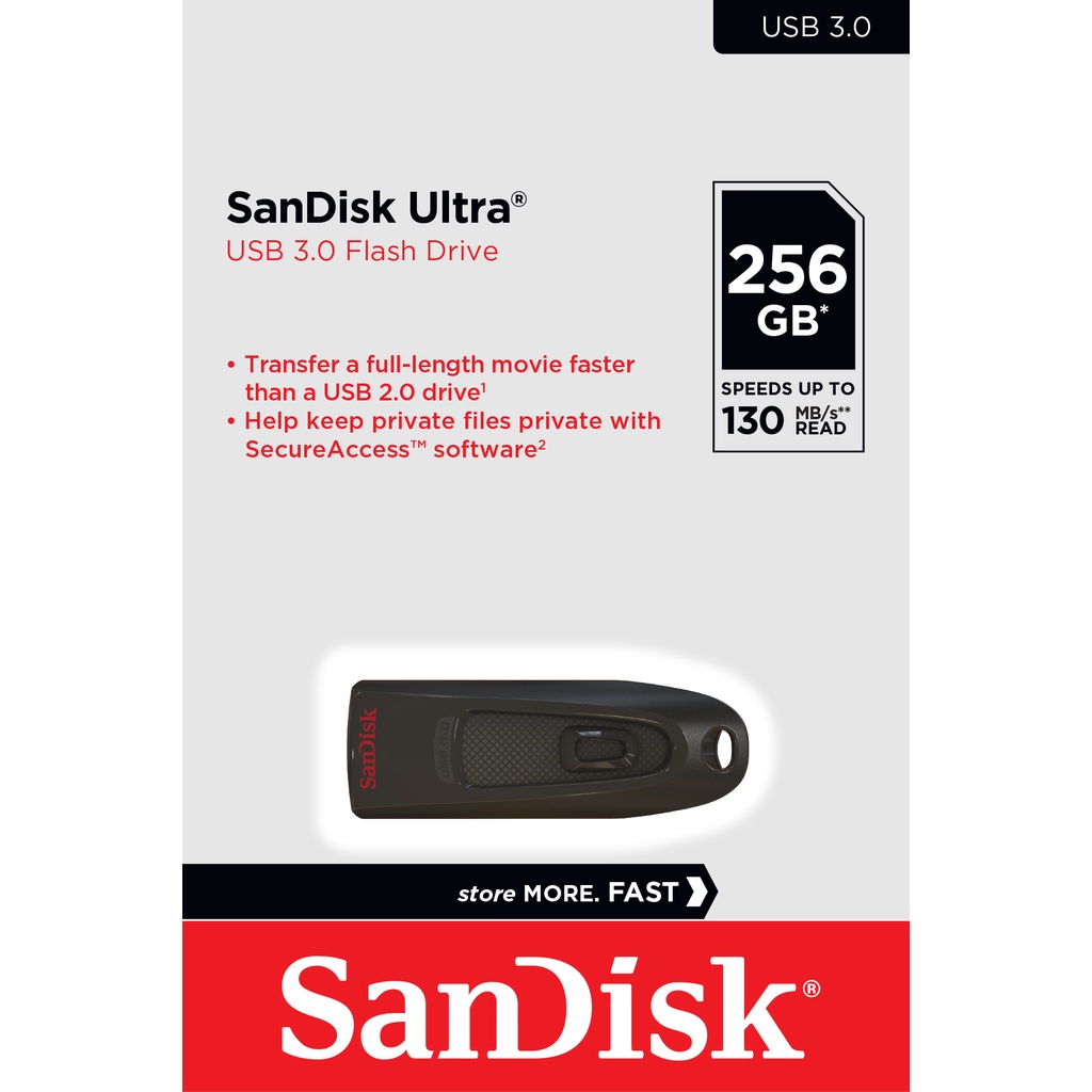 SANDISK FlashDrive Ultra 256 GB, USB 3.0 [Speed 130MB/s] [Black] แฟลชไดร์ฟ PC notebook ของแท้ Synnex (SDCZ48_256G_U46)