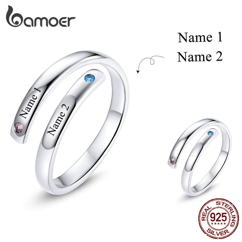 Bamoer แกะสลักแหวนเงินสเตอร์ลิง 925 ตัวอักษรที่กําหนดเองของขวัญสําหรับเครื่องประดับ DIY ของผู้หญิงวันเกิด SCR747