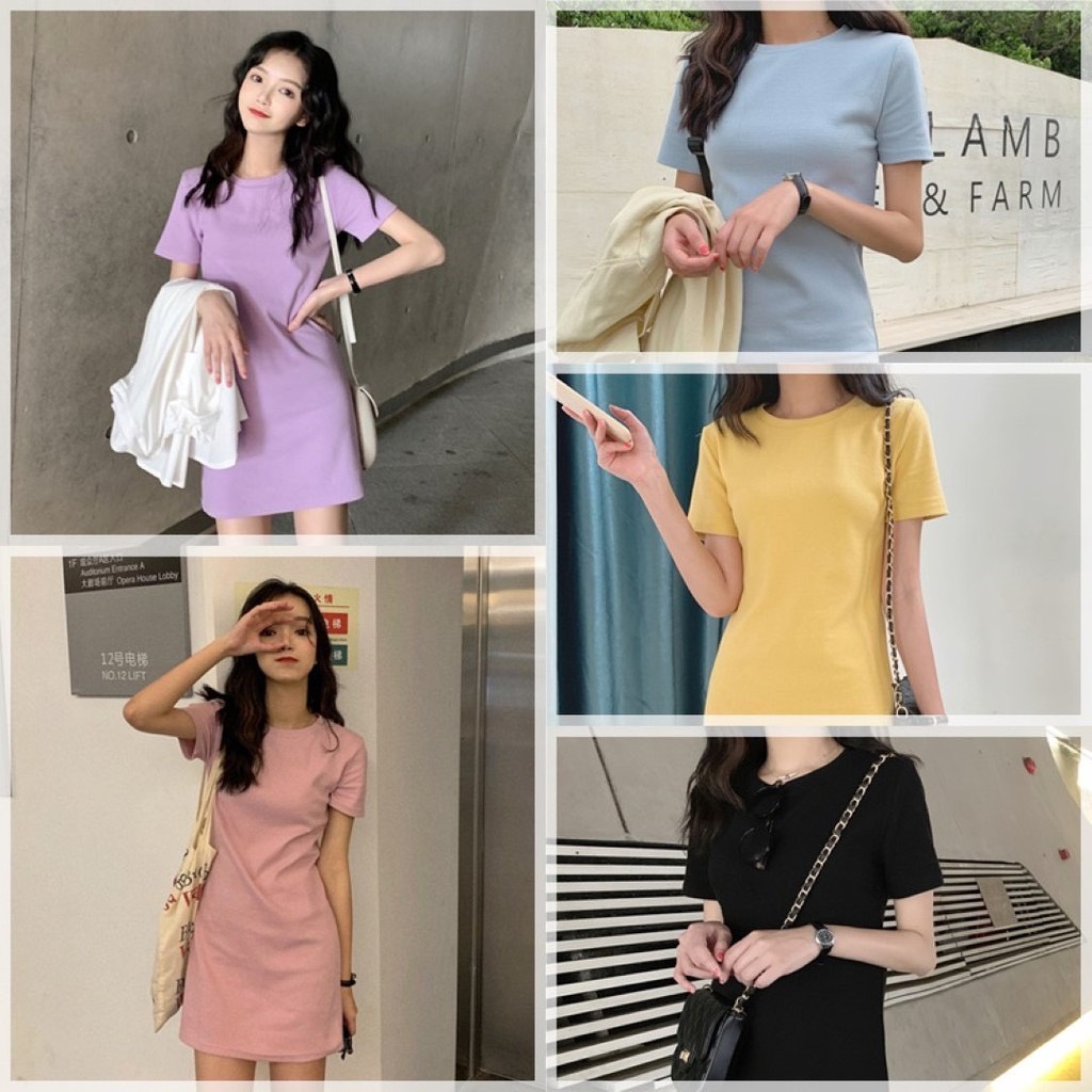 SGH0098 พร้อมส่ง ชุดมินิเดรสคอกลมแขนสั้นสีพาสเทล 5สี ทรงเข้ารูป เนื้อผ้านิ่มเด้ง