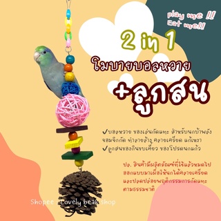 ของเล่นนก ลูกสน+โมบายบอลหวาย+บล็อคไม้ ของเล่นนกแก้ว 2 in 1 เหมาะสำหรับนกขนาดเล็ก ฟอพัส เลิฟเบิร์ด ค็อกคาเทล