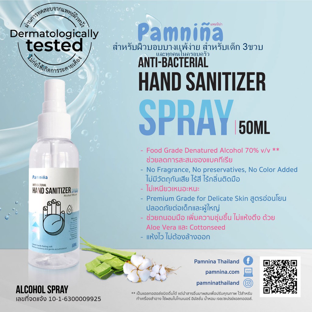 สเปรย์แอลกอฮอล์ สำหรับเด็ก Pamnina Hand Sanitizer Spray สเปรย์ล้างมือ สูตรอ่อนโยน จากธรรมชาต เจลล้างมืออนามัย เจลล้างมือ