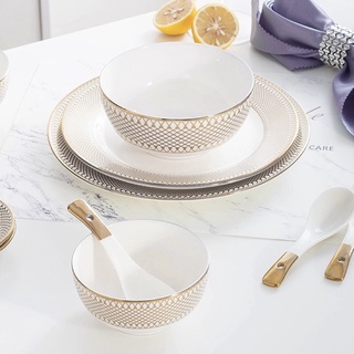 Tableware ชุดจานชามเซรามิค เนื้อโบนไชน่า ชุดจานชาม จานชามเซรามิค  แต่งขอบลายตาข่ายทอง สไตล์ยุโรป มีให้เลือก 3 แบบ