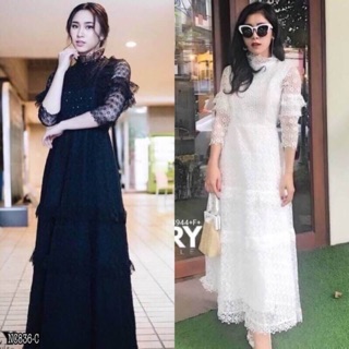 Maxi Dress ลูกไม้แขนยาว คอระบาย   งานลูกไม้แต่งระบายช่วงอก