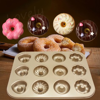 Love ถาดอบ ถาดอบขนม พิมพ์อบขนมโดนัท พิมพ์ขนมโดนัท ลาย เคลือบสีทองแบบ 6/12 หลุม Non-stick พิมพ์อบขนมโดนัท พิมพ์ขนมโดนัท