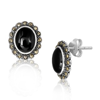 MachuSilver ต่างหูเงินแท้ 925 Sterling Silver งานหิน Onyx แท้ แต่งมาร์คาไซท์ (Marcasite) พร้อมถุงกำมะหยี่