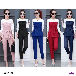 TwinsShopVip💗พร้อมส่ง TW5159 Set เสื้อทูโทนแขนยาว + กางเกงขายาว