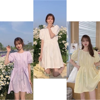 🎀 Ribbon basic dress ชุดเดรสสั้น ผูกโบว์หลัง แขนตุ๊กตา มี3สี ขาว เหลือง ม่วง เนื้อผ้าโพลีเอสเตอร์ ไม่มีซับใน 🌈