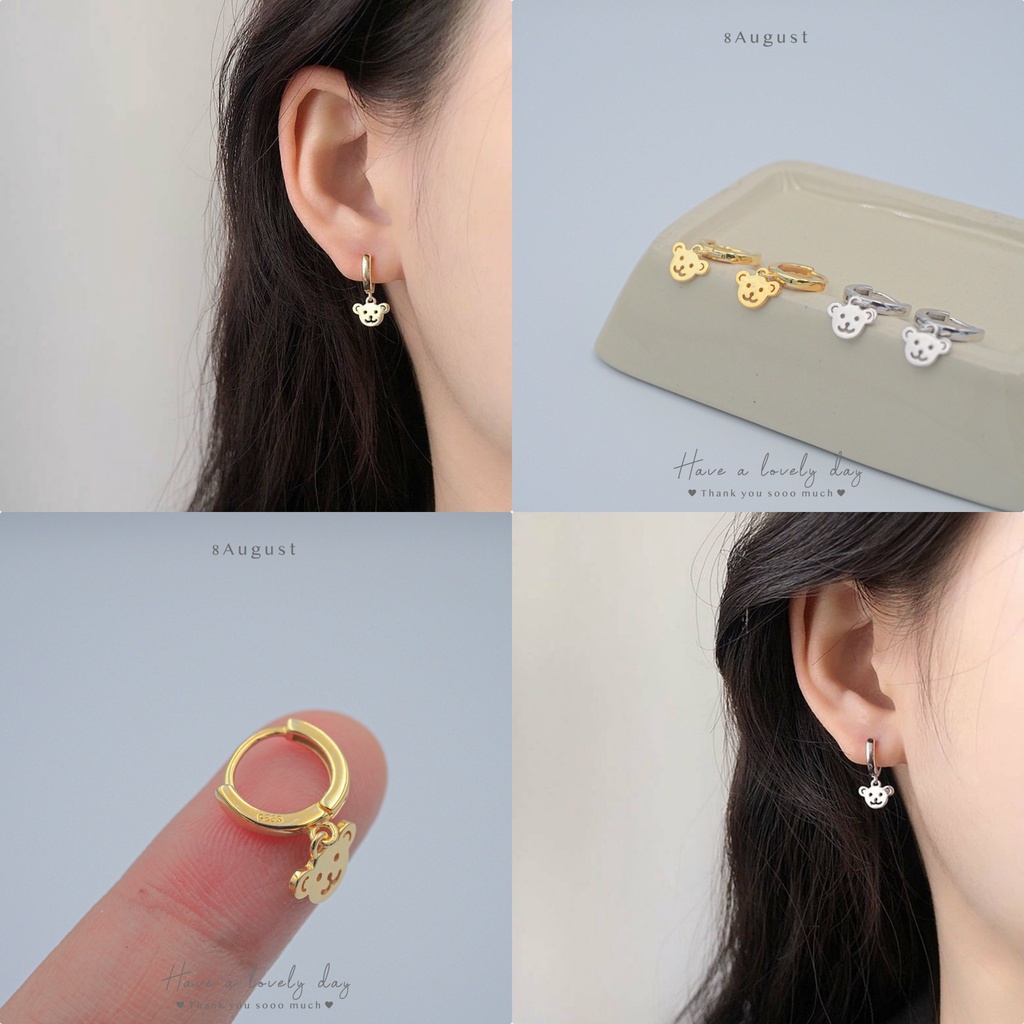 8August ต่างหูเงินแท้ ต่างหูห่วง ลายนุ้งหมี น่ารัก 8mm Bear Hoop Earrings S925 (A19)