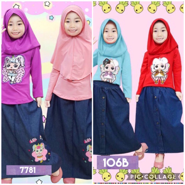 ชุด LOL SQUIN USAP EMBROIDERED กางเกงยีนส์ SKIRT 7781/106B + JILBAB sz 3-8 ปีแบรนด์สับปะรดน้อย