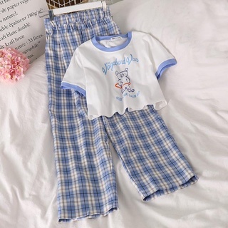 [พร้อมส่ง🇹🇭]เซ็ทเสื้อยืดคอปลายหมีสุดน่ารัก+กางเกงลายสก๊อต มินิมอล สไตล์เกาหลี