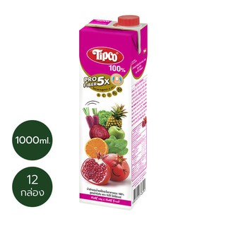 TIPCO Profiber น้ำผักผสมน้ำผลไม้ สูตรน้ำทับทิม Mixed Veggie &amp; Pomegranate 100% ขนาด 1,000 มล. x 12 กล่อง ยกลัง (1ลัง/12ก