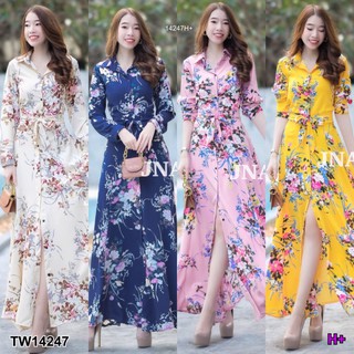 JK14247 Maxi Dress เดรสเชิ้ตยาว แขนยาว ติดกระดุมยาวทั้งตัว ผ้าอิตาลี่ 100D ลายดอกช่อ