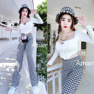 👗Pfashion [ส่งไว!!🚛] P15271 	Set 2 ชิ้น เสื้อแขนยาวคอเหลี่ยมซิปอก + กางเกงชิโนริขายาว