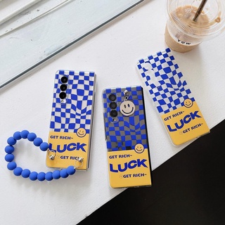 เคสโทรศัพท์มือถือ ลายหน้ายิ้ม สีฟ้า พร้อมจี้ โซ่ สําหรับ Samsung Z Fold4 Z Fold3