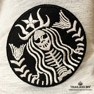 ตัวรีดติดเสื้อ ลาย กระดูก ผี ล้อเลียน ขำขัน ตลก Skeleton Coffee WOP Patch งานปัก DIY ตัวรีด อาร์ม ติดเสื้อ กางเกง ยีนส์