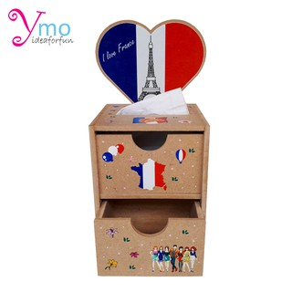 Tissue Pop Up Box with Drawer Box กล่องใส่กระดาษทิชชู่ป๊อบอัพ พร้อมลิ้นชักใส่ของ งาน Handmade ไม้ Ymo ลาย France ของขวัญ