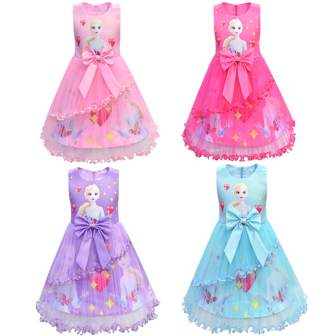 Kids Girls Elsa Anna Princess Queen Frozen Printed Mesh Dress Anime ...