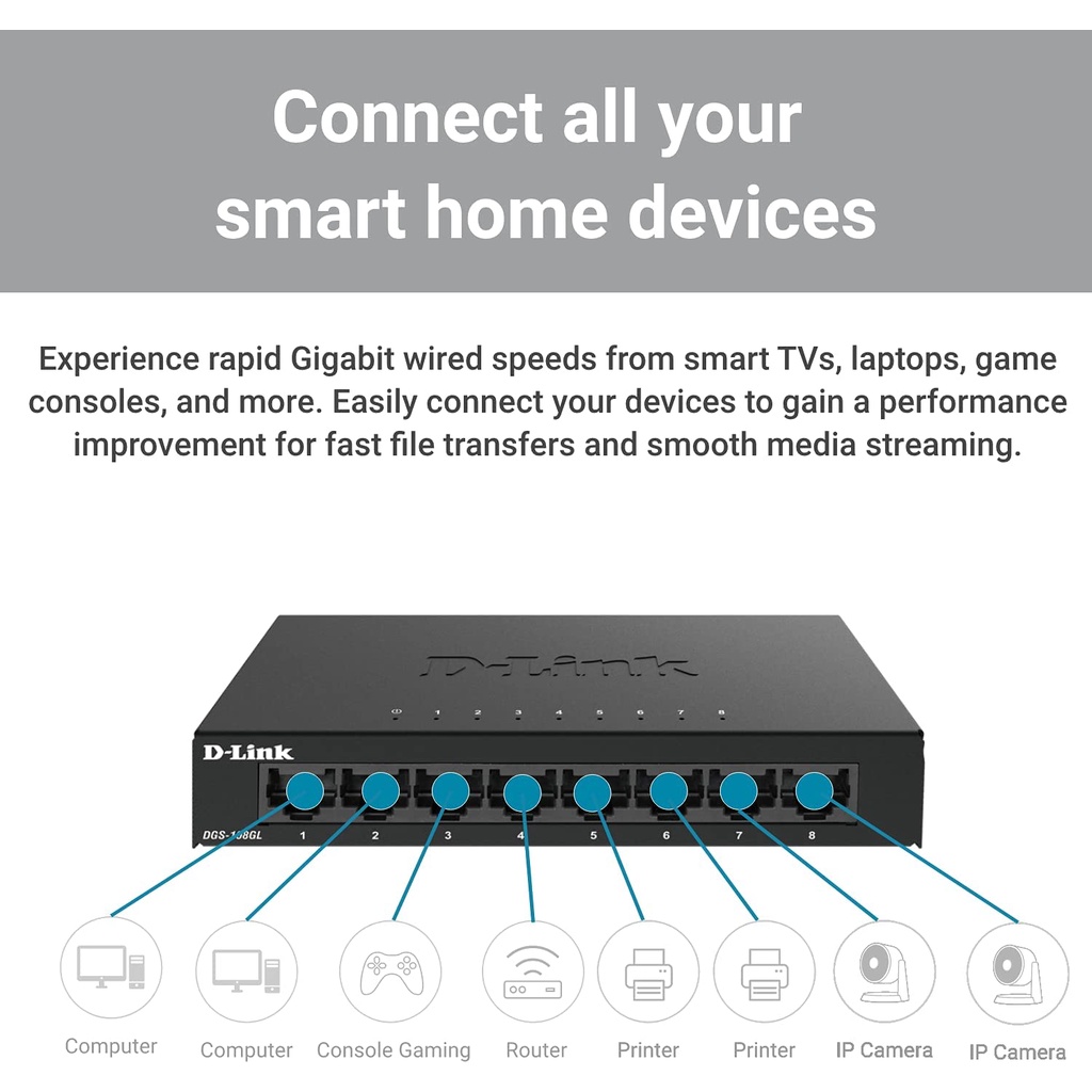สวิตซ์ฮับ D-LINK (DGS-108GL) 8 Port Gigabit Metal Unmanaged Desktop Switch 10/100/1000 Mbps.
