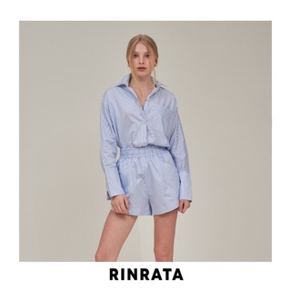 RINRATA - Chicha set ชุดเซท เสื้อเชิ้ต สีฟ้า แขนยาว ขอบแขนสูง ลายเส้นริ้ว มาพร้อมกับ กางเกงขาสั้น ฟรีไซส์ Freesize