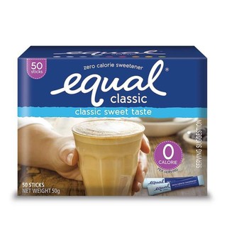 Equal Classic 50 Sticks อิควล คลาสสิค ผลิตภัณฑ์ให้ความหวานแทนน้ำตาล 1 กล่อง มี 50 ซอง