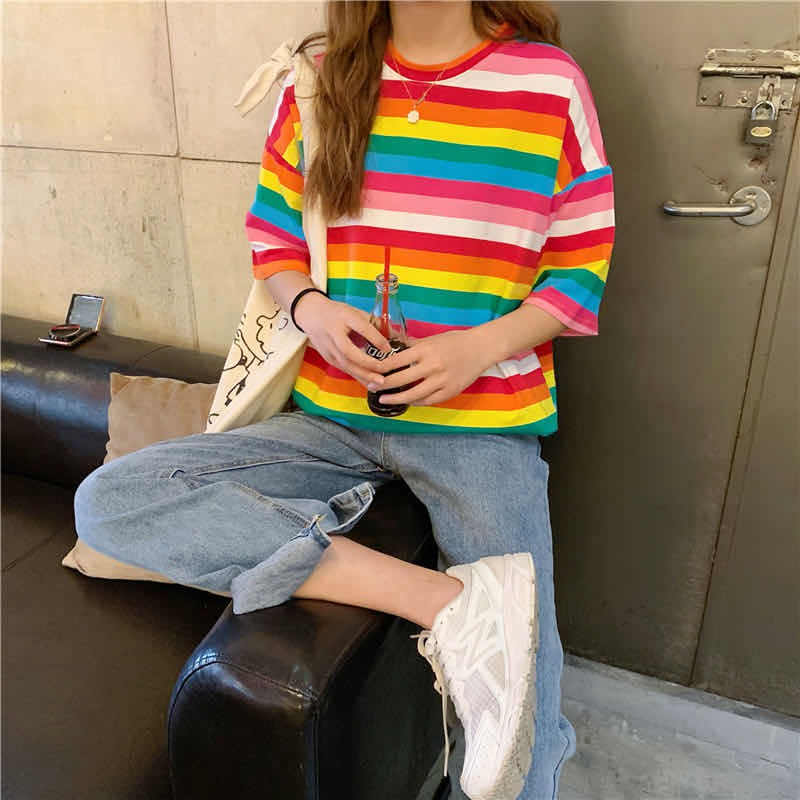 ✨Fairy style✨เสื้อสีรุ้ง เสื้อยืด คอกลม เสื้อลายทาง สีรุ้ง 🌈 แบบใหม่ สไตล์เกาหลี ผ้านิ่ม ทรงสวย สวมใส่สบาย💖