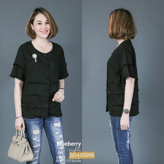 Granddesignplus BB3095*สีดำ*รอบอก 44" เสื้อลินินพร้อมเข็มกลัด สไตล์ชาแนล