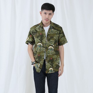 Mr.646 เสื้อเชิ้ตผู้ชายแขนสั้น ลาย Yakky Strom สีเขียว Olive