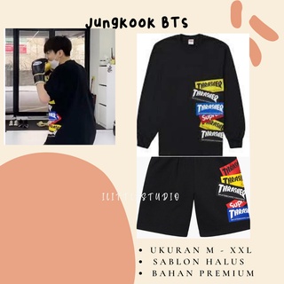 เสื้อยืดแขนสั้น พิมพ์ลาย Jungkook BTS Traser สีดํา และกางเกง