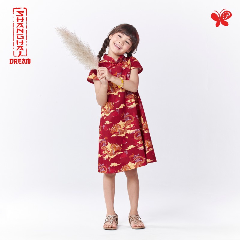 Papillon Girl Shanghai Dream Satin Dress เดรสตรุษจีน พิมพ์ลายมังกร สำหรับเด็ก