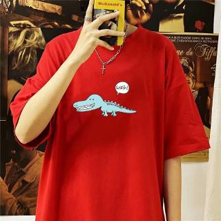 เสื้อยืดคอกลม แขนสั้น 5 ส่วน ลายการ์ตูนจระเข้ ทรงหลวม สำหรับผู้ชายและผู้หญิง