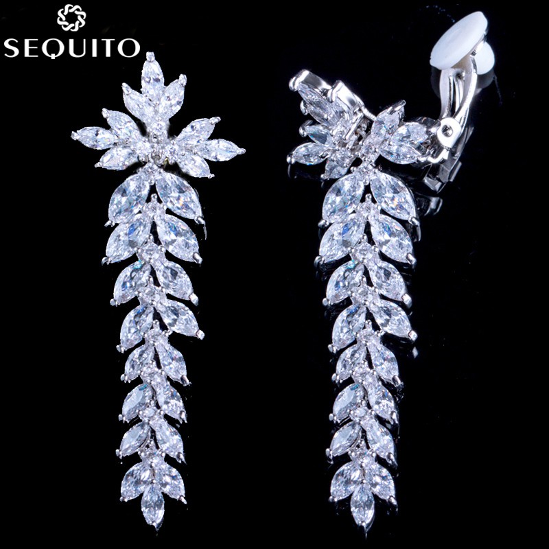 SEQUITO Leaf Drop Pave Luxury Marquise Zirconia คริสตัลหูยาวจัดเลี้ยงต่างหูทองคําขาวไม่แพ้ต่างหูคลิป E043