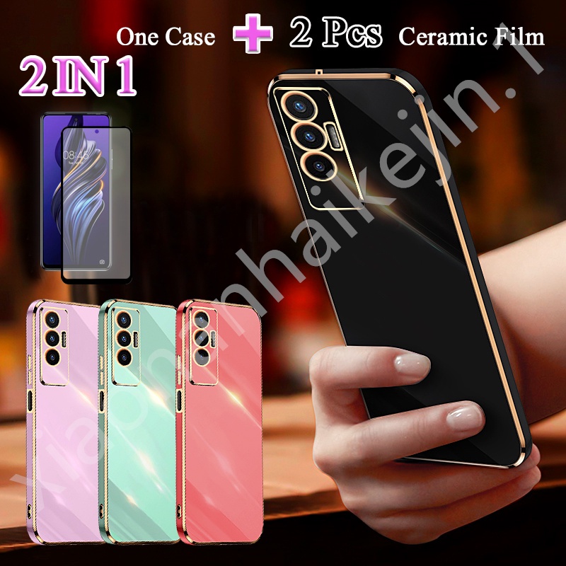 2 IN 1 Tecno Pova 5G LE8 Gold Edge Plating Case พร้อม Tempered Curved Ceramic Screen Protector