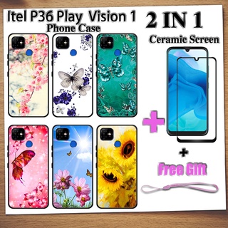 2 IN 1 Itel P36 Play Vision 1(6.09 นิ้ว) เคสโทรศัพท์ พร้อมกระจกนิรภัยกันรอยหน้าจอ เซรามิค ฟิล์มโค้ง ลายผีเสื้อ