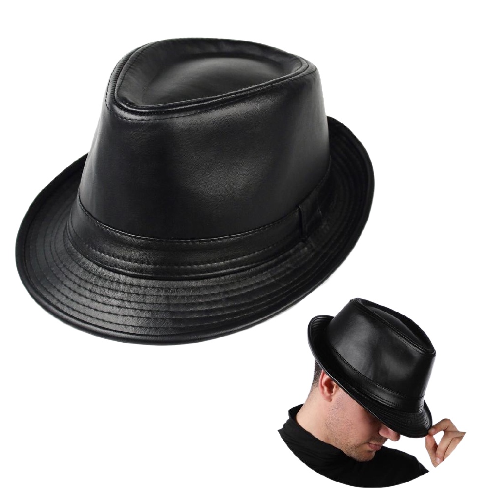 ☃ Jazz Cap Leather Fedora Hats Fashion For Men Leather PU Leather