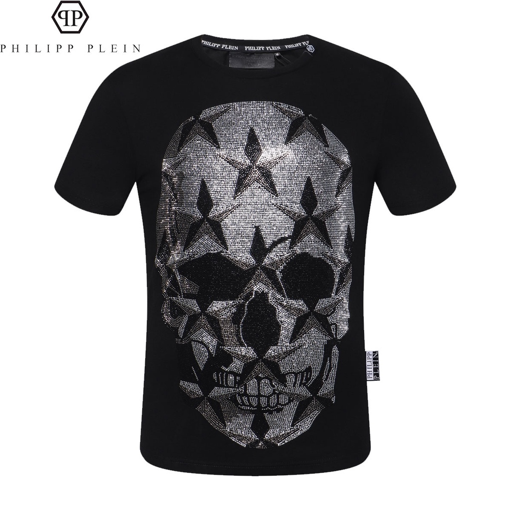 Street Wear เสื้อยืดแขนสั้น PHILIPP PLEIN Philip แขนสั้น PP เสื้อผ้าลําลองแขนสั้นผ้าฝ้ายแท้ระบายอากาศคอกลม Sli