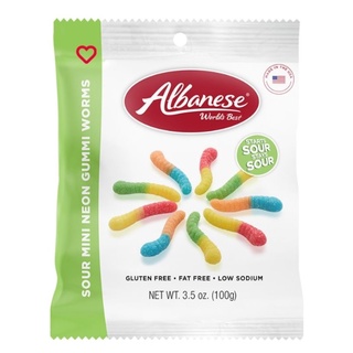 อัลบานีส เยลลี่หนอนนีออนเปรี้ยวจี๊ด เยลลี่ไร้กลูเตน Albanese Sour Mini Neon Gummi Worms Gluten Free 100g.